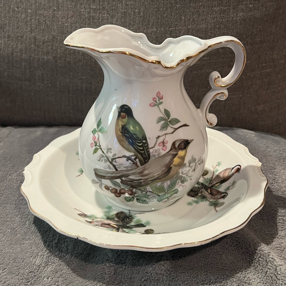 Royal Crown Birds & Flowers White Gold Trim Pitcher & Bowl